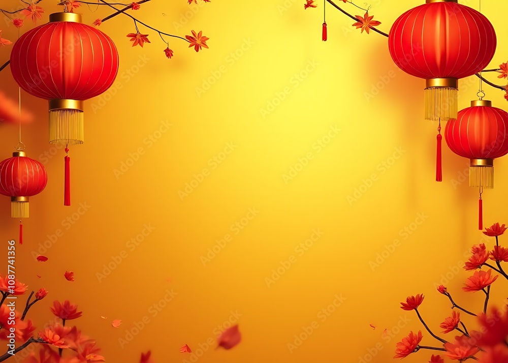 Poster rich gold background features elegant lanterns and traditional chinese new year decorations in a hor