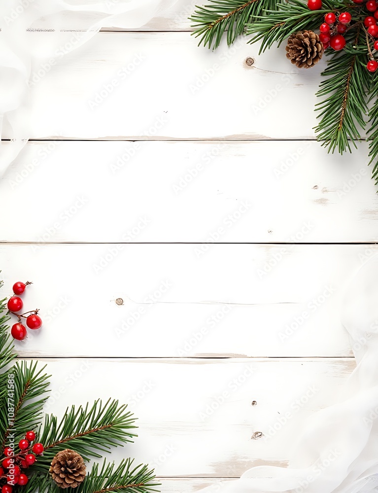 Poster rustic christmas design featuring fir branches, pinecones, and red berries on a white wooden backgro