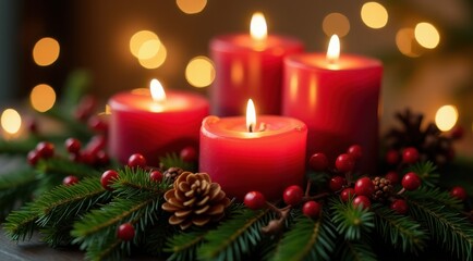 Red Christmas candles surrounded by festive greenery and berries for a warm holiday feel