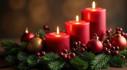 Red Christmas candles surrounded by festive greenery and berries for a warm holiday feel