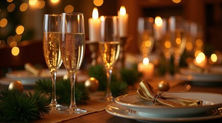 Elegant holiday table setting with champagne flutes, golden napkins, and candlelight, creating a warm and festive ambiance for special celebrations