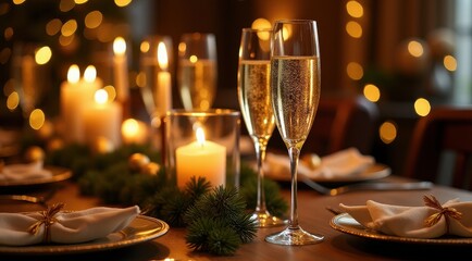Elegant dining table with champagne glasses, lit candles, and festive bokeh lights creating a warm, celebratory atmosphere