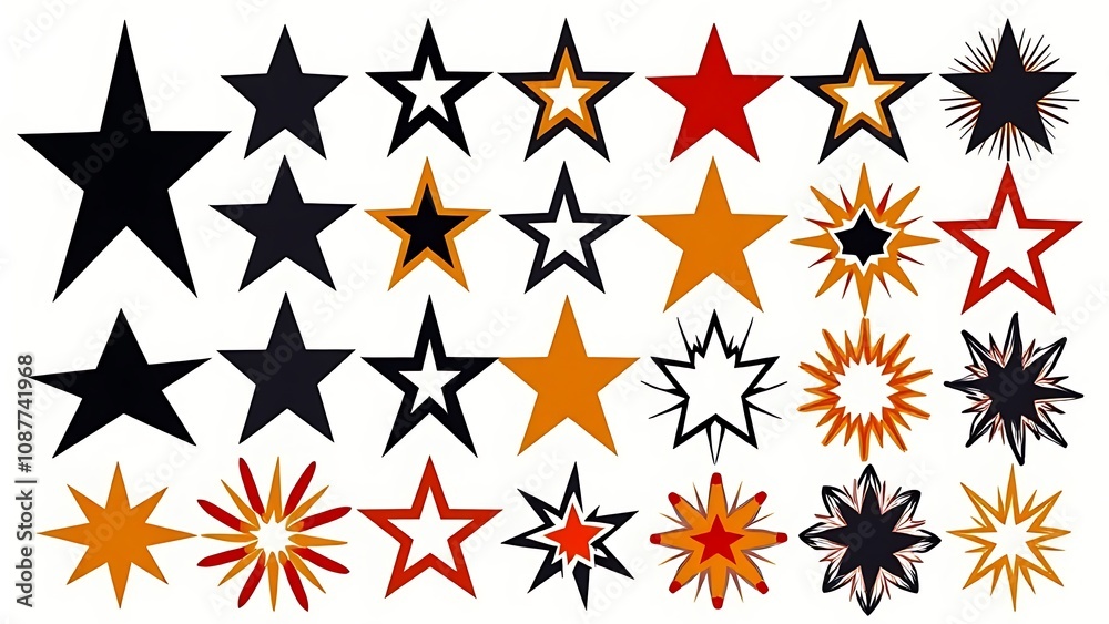 Poster Set of large star icons and a vector collection with explosive black shapes, retro forms, and radial stripes in various color schemes.