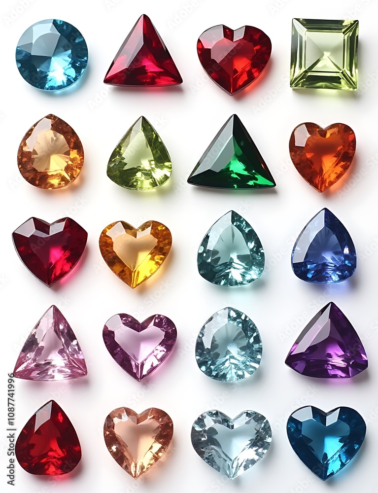 Poster set of precious stones in various cuts with colored gems featuring shapes like circles, triangles, d