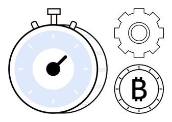 Stopwatch with a light blue face, mechanical gear, and Bitcoin symbol on a white backdrop. Ideal for time management, productivity, technology, cryptocurrency, fintech, blockchain, and digital