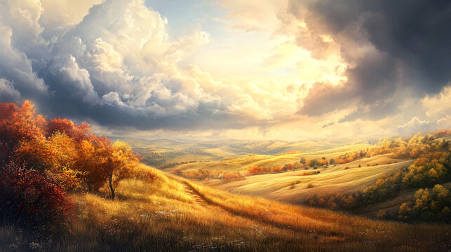 Autumn hills with a dramatic sky filled with clouds and a patch of sunlight over the rolling terrain