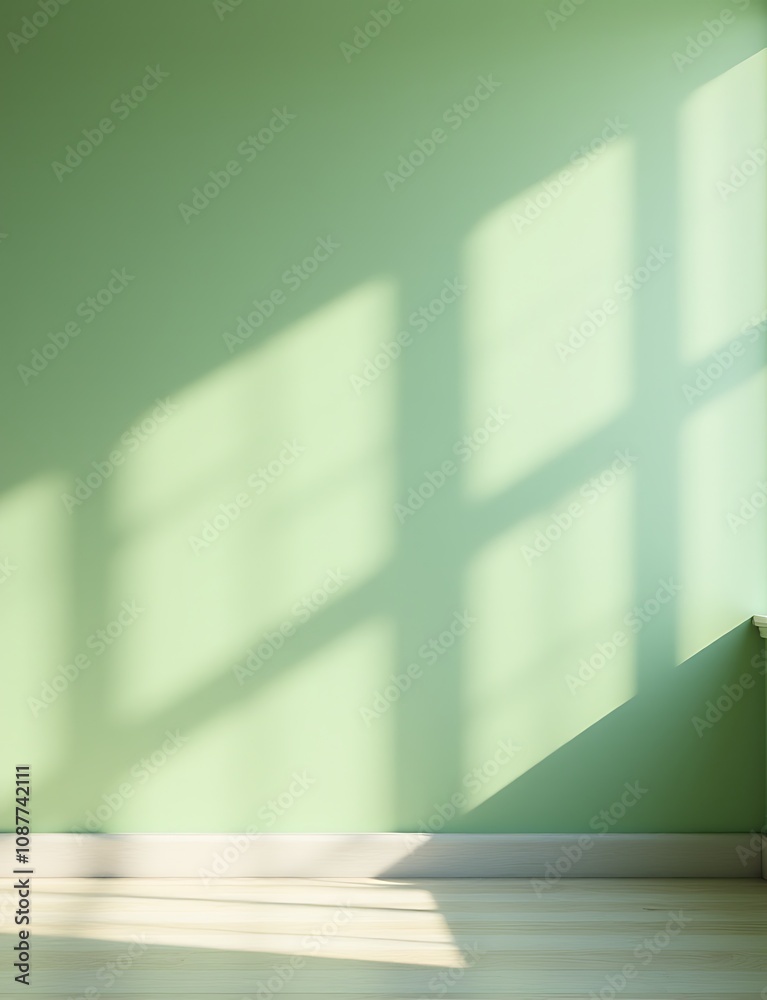 Aufkleber Shadows from window frames on a light green wall are contrasted by natural sunlight in an empty room with a textured background.