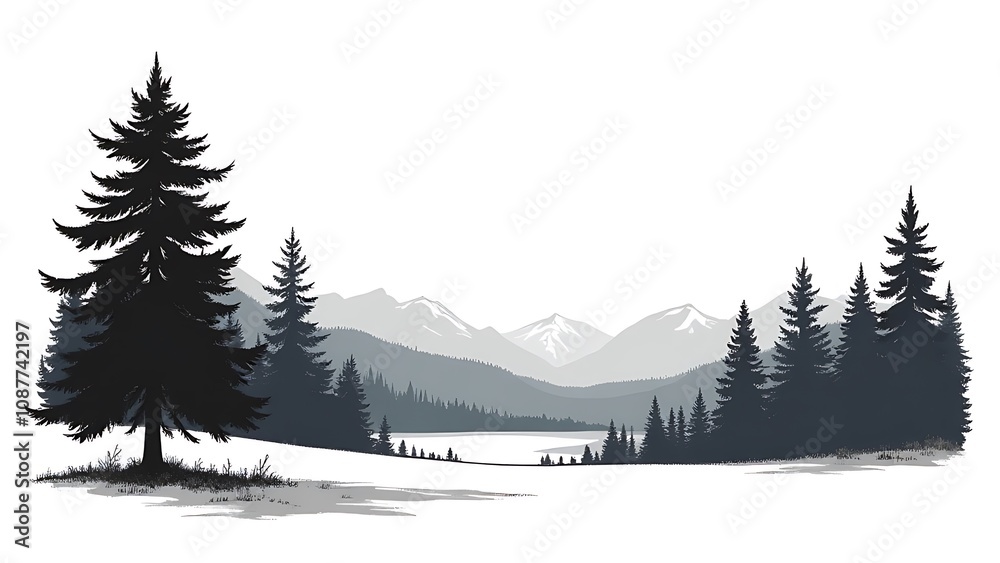 Poster Silhouette spruce line drawings are used for architecture and landscape design featuring vector isolated illustrations with a side view focus.
