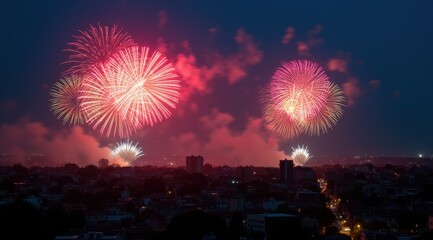 Vibrant red fireworks lighting up a night city skyline during new year celebrations