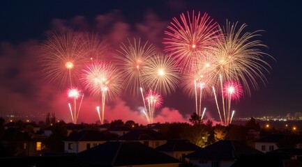 Vibrant red fireworks lighting up a night city skyline during new year celebrations
