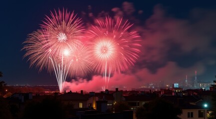 Vibrant red fireworks lighting up a night city skyline during new year celebrations