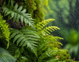 Fototapeta na wymiar Paprocie w deszczu natura tapeta