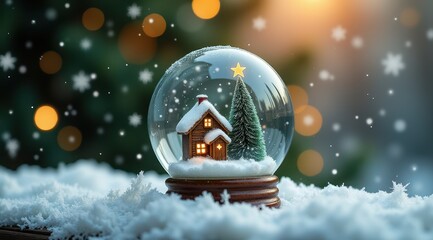 A snow globe featuring a miniature Christmas tree and cozy cabin, surrounded by snow and glowing lights
