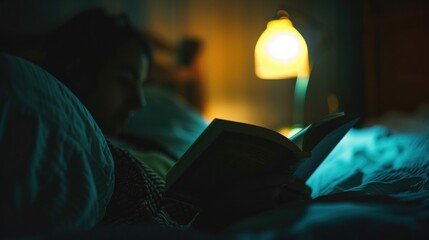 Soft focus on a group of animated readers their faces illuminated by the dim light of a bedside lamp.