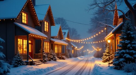 Fototapeta premium A picturesque village street adorned with glowing holiday lights and snow-covered rooftops, creating a festive atmosphere