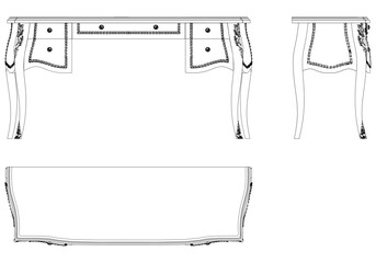 Dressing Table Line Vector Illustration.  Set of Different Views of Dressing Table with Detailed Design Elements, Ideal for Furniture Design and Interior Concepts