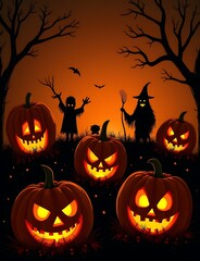 Spooky pumpkin faces and scary jack o lantern silhouettes with horrific expressions, perfect for Halloween parties and October collections.