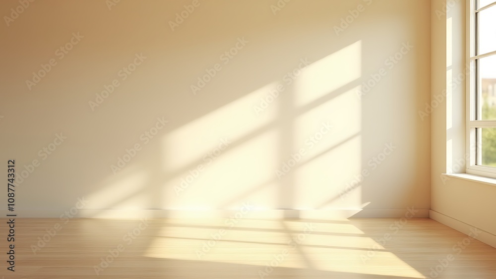 Poster Sunbeams from a panoramic window cast gentle shadows on a smooth beige wall in this simple, empty room with natural light patterns.