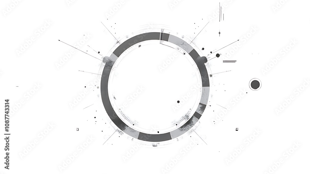 Aufkleber te background features a distressed design with geometric patterns, circle rings, and dots, evoking a futuristic interface of digital technology.