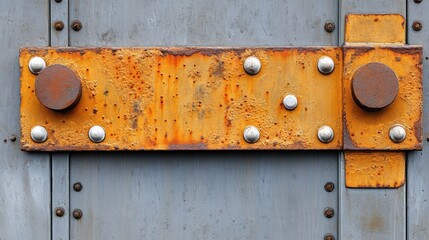 A close-up of a rusty metal hinge with rivets and bolts on a silver metal door.