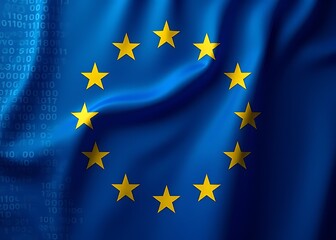 The European flag is displayed on a background with a GDPR concept illustration featuring a blue gradient and binary code elements.