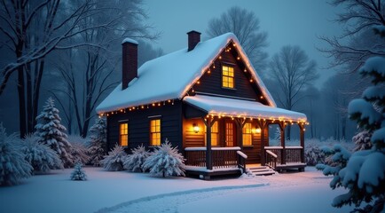 A cozy log cabin decorated with warm lights, surrounded by snow and evergreen trees in a magical winter scene