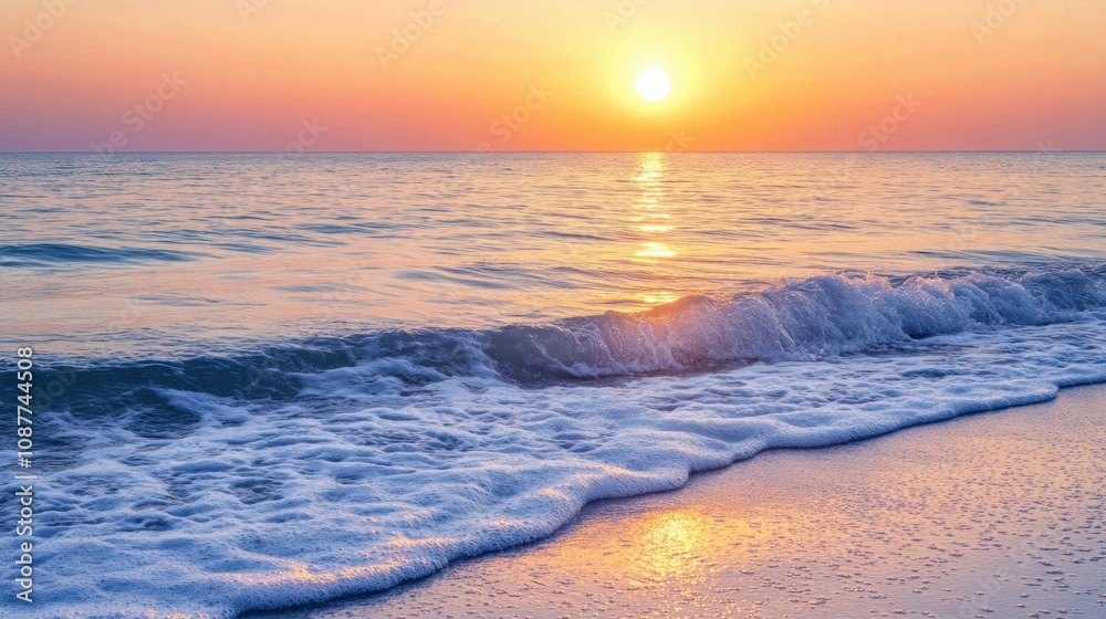 Poster The sun sets over the ocean, casting a warm glow on the water as waves softly break on the sandy beach, creating a peaceful atmosphere. Generative AI