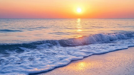 Fototapeta premium The sun sets over the ocean, casting a warm glow on the water as waves softly break on the sandy beach, creating a peaceful atmosphere. Generative AI