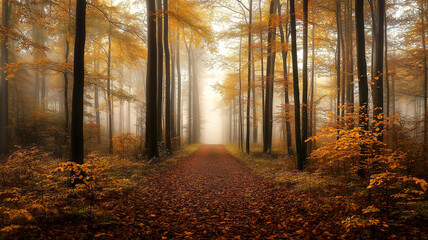 Fototapeta premium Autumn forest path surrounded by tall trees and morning mist, golden leaves creating a warm, inviting atmosphere perfect for nature and seasonal themes
