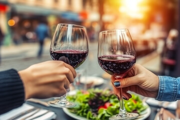 Two Hands Clinking Wine Glasses Cheers during Sunset at Outdoor Dining Table with Salad in Background Creating Warm Atmosphere of Friendship and Celebration