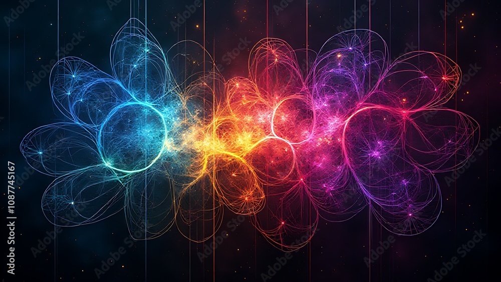 Poster Vibrant fractal patterns of interwoven light lines and complex geometries in rainbow hues glow on a dark vertical backdrop.