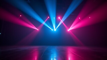 Vibrant neon lights streak across the dark stage, forming curved laser beams that evoke a sense of excitement and energy in any setting.