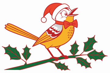 Funny Christmas Star Finch Clipart in White Whimsical Holiday Illustration