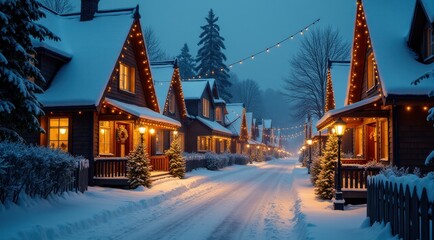 Fototapeta premium A picturesque village street adorned with glowing holiday lights and snow-covered rooftops, creating a festive atmosphere