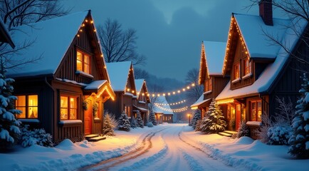 Obraz premium A picturesque village street adorned with glowing holiday lights and snow-covered rooftops, creating a festive atmosphere