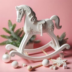 A white wooden rocking horse in retro style, as a Christmas home decor piece, set against a pink...