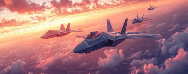 F-20 fighter jets soaring gracefully in artistic sunset illustration