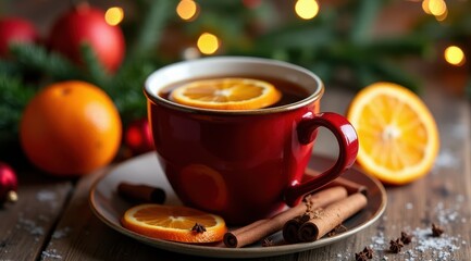Warm red mug of mulled wine garnished with orange slices and cinnamon sticks, surrounded by festive ornaments and pine branches on a rustic wooden table