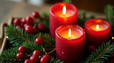 Red Christmas candles surrounded by festive greenery and berries for a warm holiday feel