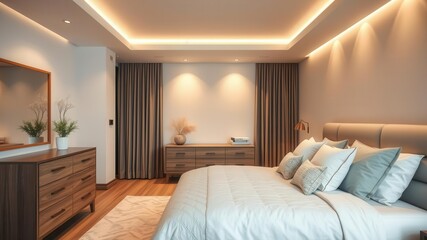 A cozy and modern bedroom interior featuring a stylish bed with fluffy pillows, a sleek dresser, and soft neutral tones creating a serene aesthetic, dresser, modern, serene