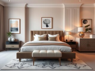 A cozy and stylish bedroom featuring a modern bed, sleek nightstands, a chic dresser, and artwork on the walls, all in a neutral color palette with pops of color, bed, dresser, stylish