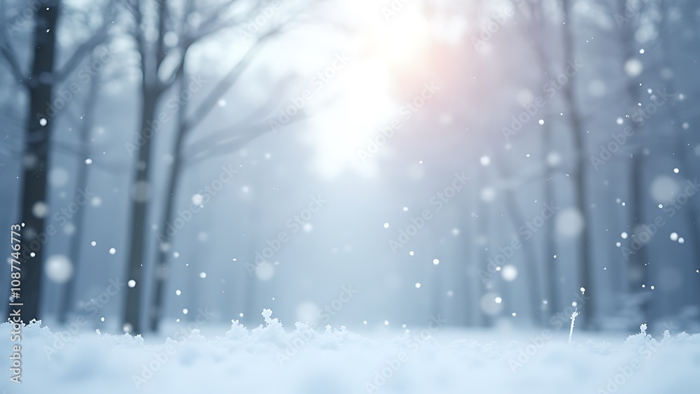 Poster winter forest scene with soft falling snowflakes on a light pastel background featuring beautiful wh