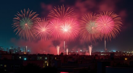 Vibrant red fireworks lighting up a night city skyline during new year celebrations