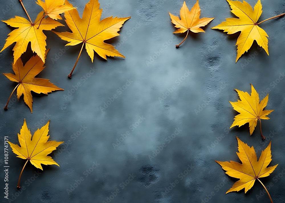Poster yellow leaves against a grey blue slate stone texture create a serene abstract nature background for