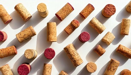Pattern with wine corks from white and red wine on white background with hard light and shadow at sunlight. Trend layout with bottle cap wooden cork, top view, minimal flat lay