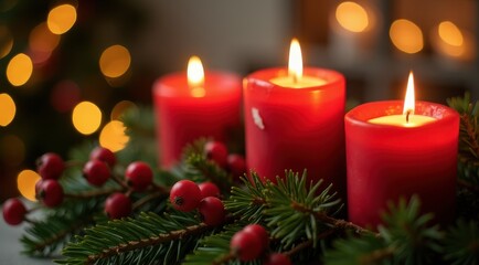 Red Christmas candles surrounded by festive greenery and berries for a warm holiday feel
