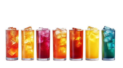  Vibrant and colorful photograph of six different glasses containing long island iced tea, isolated on Transparent PNG Background. 