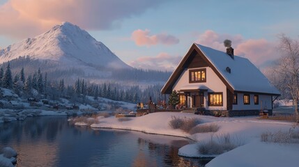 A cozy winter cabin beside a tranquil river, surrounded by snow-covered mountains and trees, bathed in soft morning light.