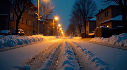 Obraz premium Snow-covered suburban street illuminated by streetlights at dusk, showcasing serene winter ambiance