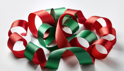 Red and green ribbons arranged in a spiral pattern over a white background